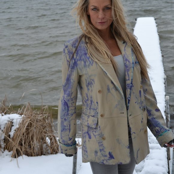 Burberry leather blazer jacket M L tan gray blue beige dyed rainbow purple ivory - Picture 4 of 16